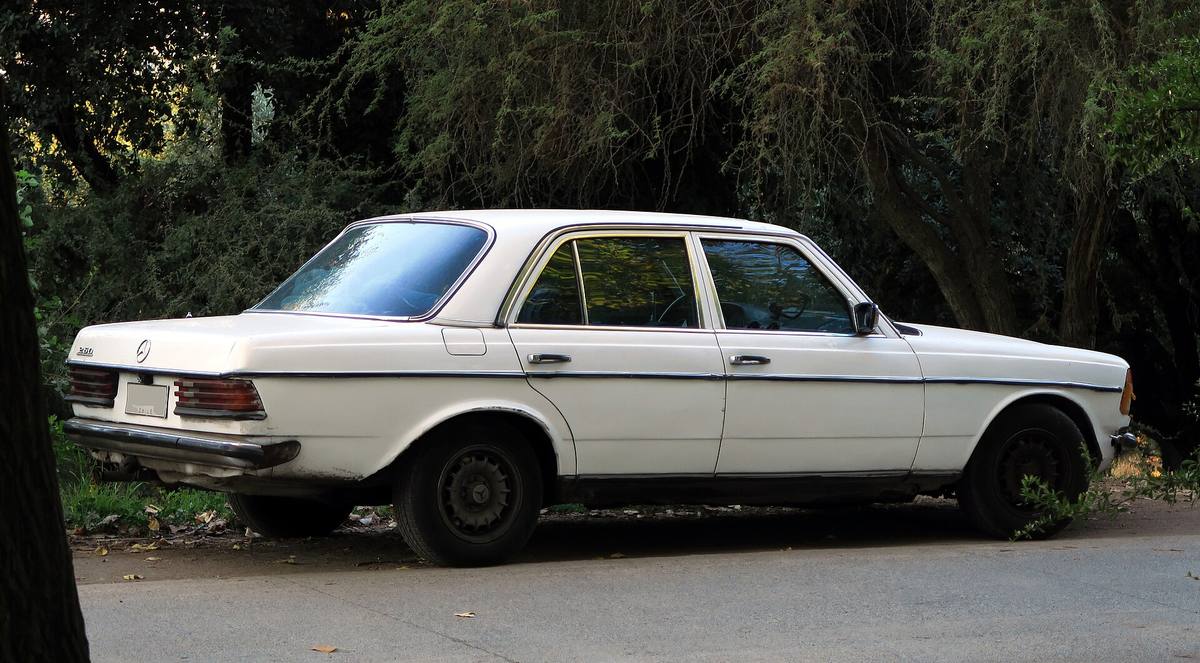 Mercedes-Benz 250, karoserie W123, zezadu zprava na silnici