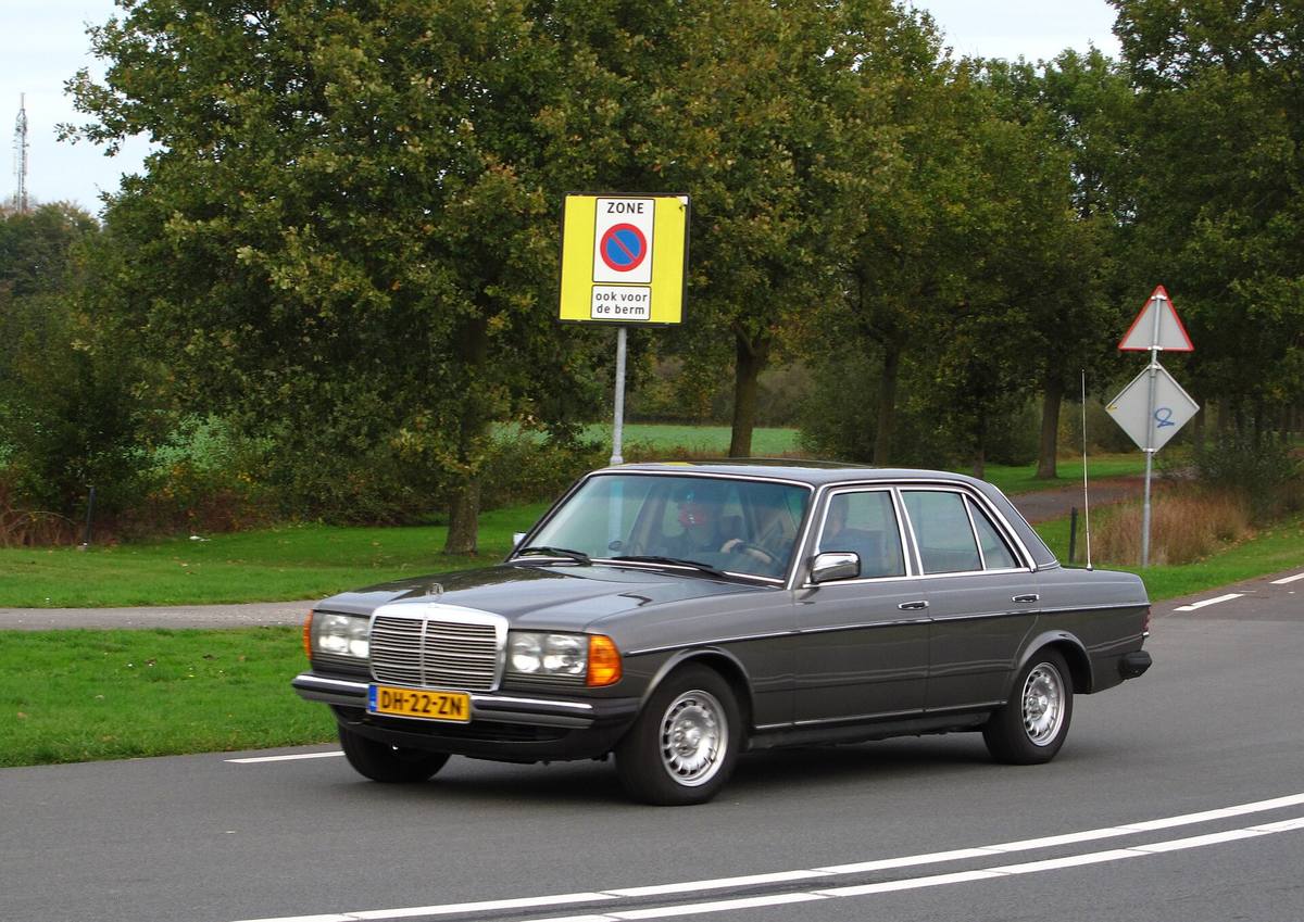 Šedý sedan Mercedes-Benz 300 D řady 123 z roku 1979